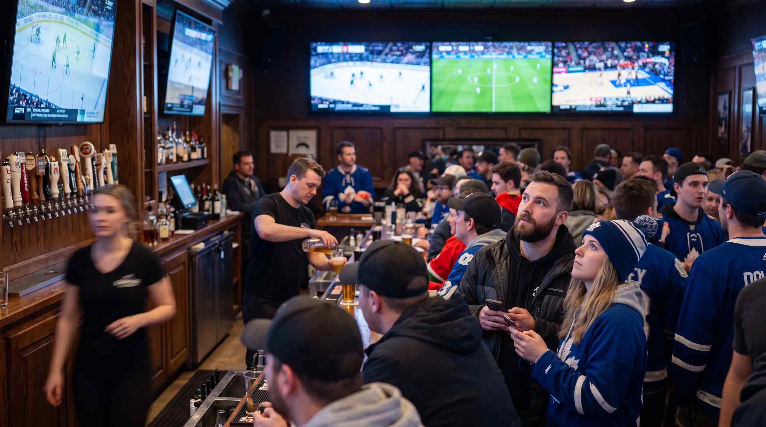 Sports fans in a bar watching sports